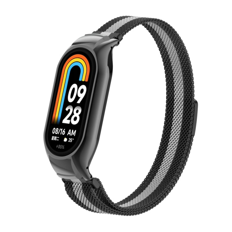 For Xiaomi Mi Band 8 Integrated Metal Case + Milanese Magnetic Watch Band(Black+Silver) - Smart Wear by PMC Jewellery | Online Shopping South Africa | PMC Jewellery