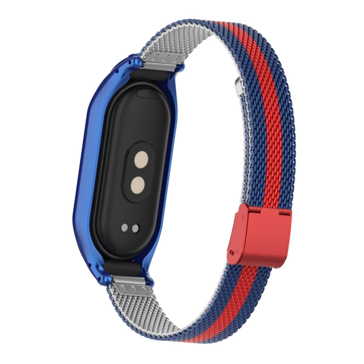 For Xiaomi Mi Band 8 Integrated Metal Case + Steel Mesh Buckle Watch Band(Blue+Red) - Smart Wear by PMC Jewellery | Online Shopping South Africa | PMC Jewellery