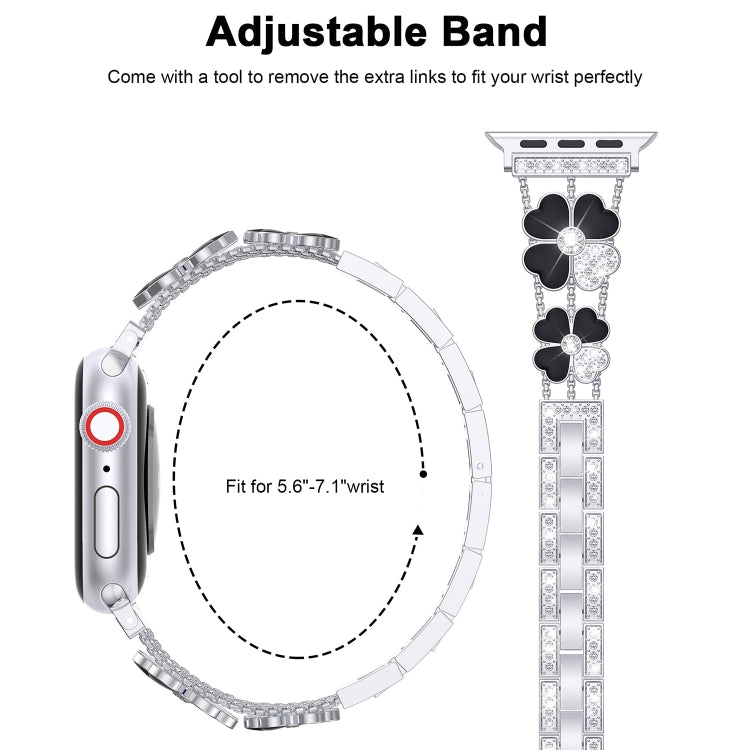 For Apple Watch 8 45mm Petal Metal Diamond Watch Band(Sliver+Black) -  by PMC Jewellery | Online Shopping South Africa | PMC Jewellery