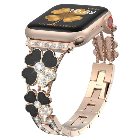 For Apple Watch 4 40mm Petal Metal Diamond Watch Band(Rose Gold+Black) - Watch Bands by PMC Jewellery | Online Shopping South Africa | PMC Jewellery