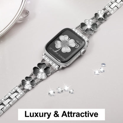 For Apple Watch 4 44mm Petal Metal Diamond Watch Band(Sliver+Black) -  by PMC Jewellery | Online Shopping South Africa | PMC Jewellery