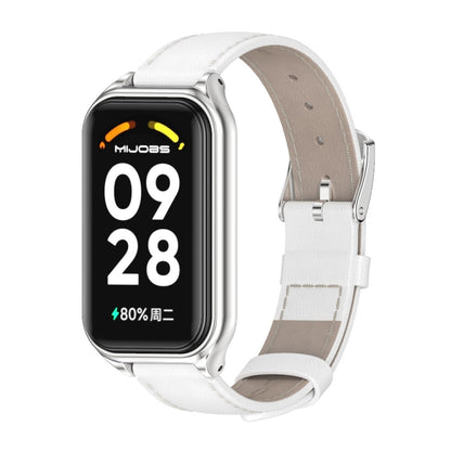 For Xiaomi Smart Band 8 Active / Redmi Band 2 Mijobs Metal Shell Genuine Leather Watch Band(White Silver) - Watch Bands by MIJOBS | Online Shopping South Africa | PMC Jewellery | Buy Now Pay Later Mobicred