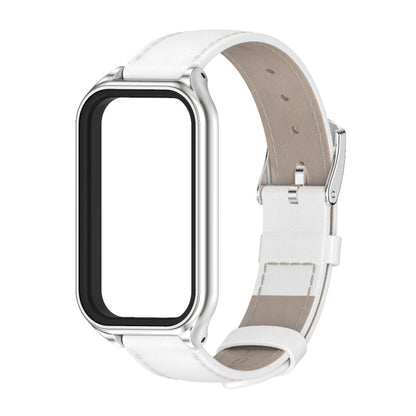 For Xiaomi Smart Band 8 Active / Redmi Band 2 Mijobs Metal Shell Genuine Leather Watch Band(White Silver) - Watch Bands by MIJOBS | Online Shopping South Africa | PMC Jewellery | Buy Now Pay Later Mobicred