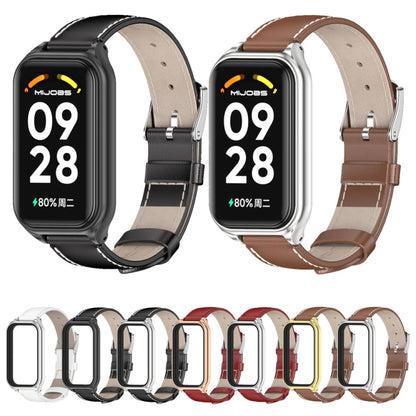 For Xiaomi Smart Band 8 Active / Redmi Band 2 Mijobs Metal Shell Genuine Leather Watch Band(White Silver) - Watch Bands by MIJOBS | Online Shopping South Africa | PMC Jewellery | Buy Now Pay Later Mobicred