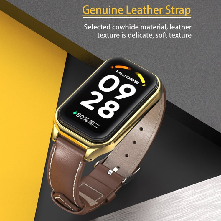 For Xiaomi Smart Band 8 Active / Redmi Band 2 Mijobs Metal Shell Genuine Leather Watch Band(Red Silver) - Watch Bands by MIJOBS | Online Shopping South Africa | PMC TechLife | Buy Now Pay Later Mobicred