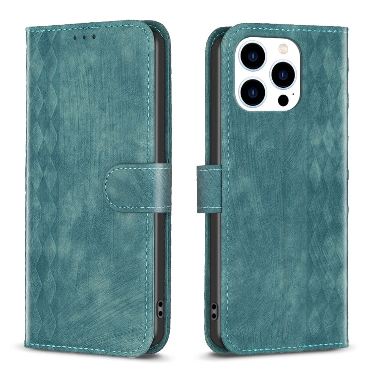 For iPhone 14 Pro Max Plaid Embossed Leather Phone Case(Green) - iPhone 14 Pro Max Cases by PMC Jewellery | Online Shopping South Africa | PMC Jewellery