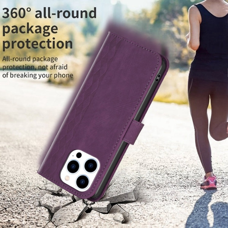 For iPhone 13 Pro Plaid Embossed Leather Phone Case(Purple) - free shipping - PMC TechLife - Order now!