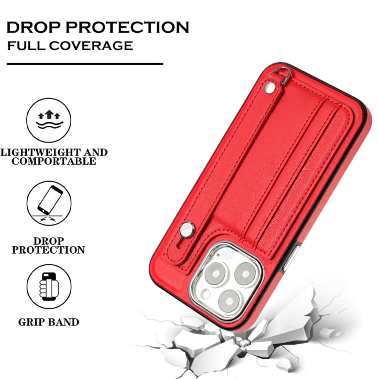 For iPhone 13 Pro Shockproof Leather Phone Case with Wrist Strap(Red) - iPhone 13 Pro Cases by PMC Jewellery | Online Shopping South Africa | PMC Jewellery