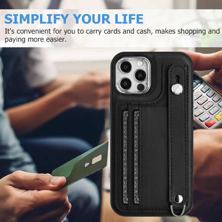 For iPhone 12 / 12 Pro Shockproof Leather Phone Case with Wrist Strap(Black) - iPhone 12 / 12 Pro Cases by PMC Jewellery | Online Shopping South Africa | PMC Jewellery