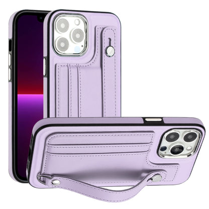 For iPhone 15 Pro Shockproof Leather Phone Case with Wrist Strap(Purple) - iPhone 15 Pro Cases by PMC Jewellery | Online Shopping South Africa | PMC Jewellery