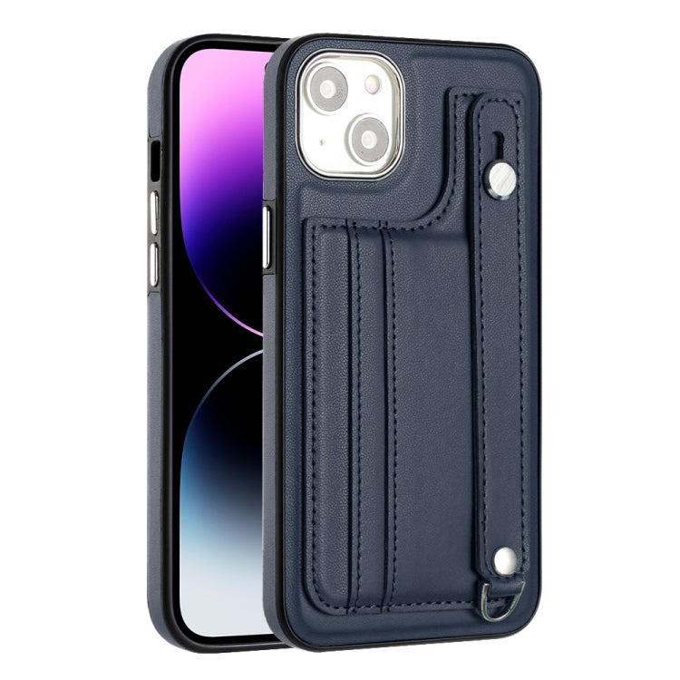 For iPhone 15 Plus Shockproof Leather Phone Case with Wrist Strap(Blue) - iPhone 15 Plus Cases by PMC Jewellery | Online Shopping South Africa | PMC Jewellery