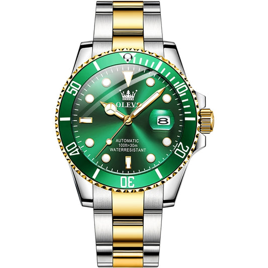 OLEVS 6650 Men Luminous Waterproof Mechanical Watch(Green + Gold) - Metal Strap Watches by OLEVS | Online Shopping South Africa | PMC Jewellery | Buy Now Pay Later Mobicred