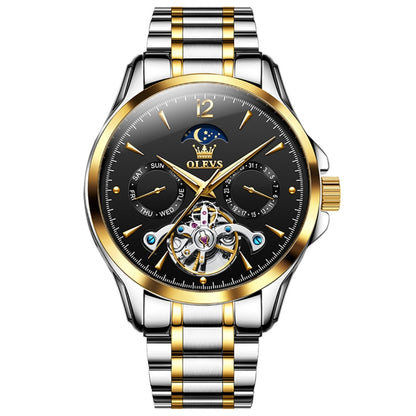 OLEVS 6663 Men Multifunctional Waterproof Hollow Steel Strap Mechanical Watch(Black + Gold) - Metal Strap Watches by PMC Jewellery | Online Shopping South Africa | PMC Jewellery