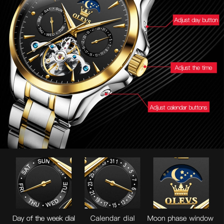 OLEVS 6663 Men Multifunctional Waterproof Hollow Steel Strap Mechanical Watch(Black + Gold) - Metal Strap Watches by PMC Jewellery | Online Shopping South Africa | PMC Jewellery