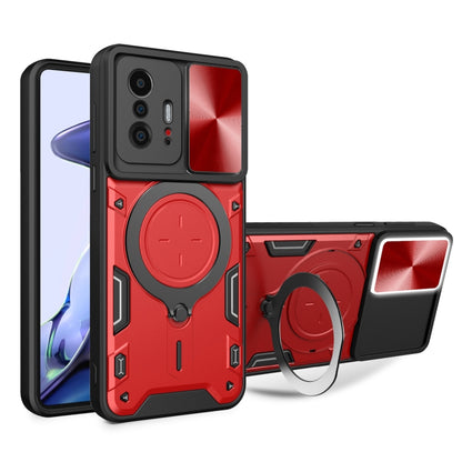 For Xiaomi 11T CD Texture Sliding Camshield Magnetic Holder Phone Case(Red) - Xiaomi Cases by PMC Jewellery | Online Shopping South Africa | PMC Jewellery