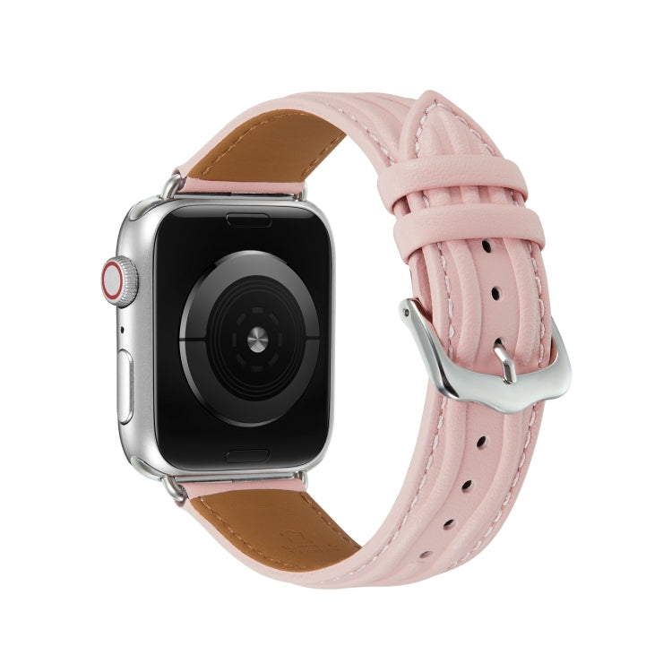 Embossed Line Genuine Leather Watch Band For Apple Watch 8 45mm(Pink) - Watch Bands by PMC TechLife | Online Shopping South Africa | PMC TechLife
