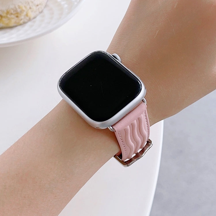 Embossed Line Genuine Leather Watch Band For Apple Watch 8 45mm(Pink) - Watch Bands by PMC TechLife | Online Shopping South Africa | PMC TechLife