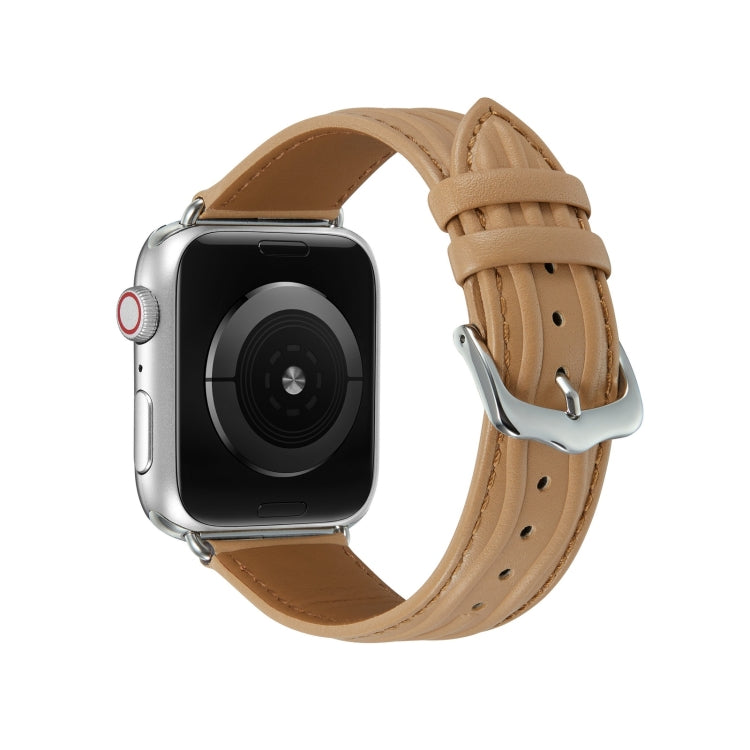 Embossed Line Genuine Leather Watch Band For Apple Watch 8 45mm(Khaki) - Watch Bands by PMC TechLife | Online Shopping South Africa | PMC TechLife