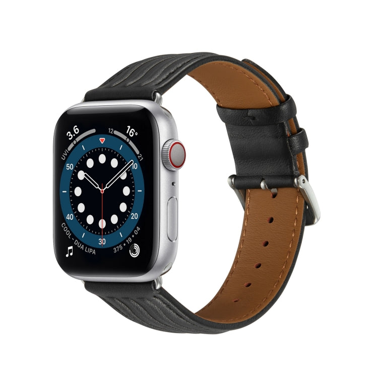 Embossed Line Genuine Leather Watch Band For Apple Watch SE 2022 44mm(Black) - Watch Bands by PMC Jewellery | Online Shopping South Africa | PMC Jewellery