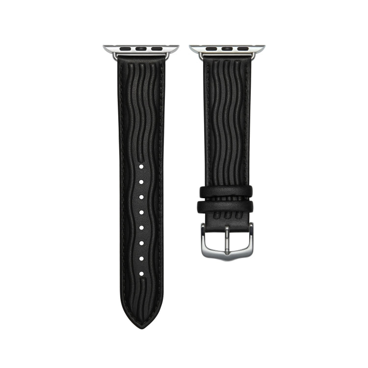 Embossed Line Genuine Leather Watch Band For Apple Watch SE 2022 44mm(Black) - Watch Bands by PMC Jewellery | Online Shopping South Africa | PMC Jewellery