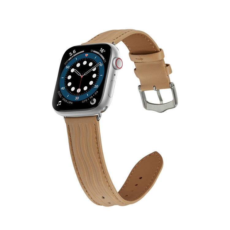 Embossed Line Genuine Leather Watch Band For Apple Watch SE 40mm(Khaki) - Watch Bands by PMC TechLife | Online Shopping South Africa | PMC TechLife