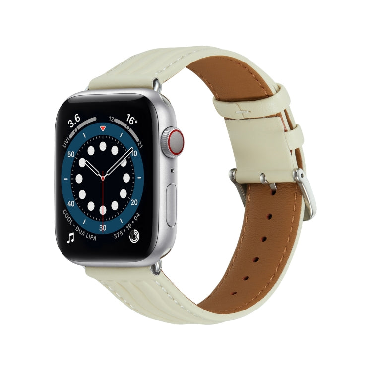 Embossed Line Genuine Leather Watch Band For Apple Watch SE 44mm(Milky White) - Watch Bands by PMC TechLife | Online Shopping South Africa | PMC TechLife