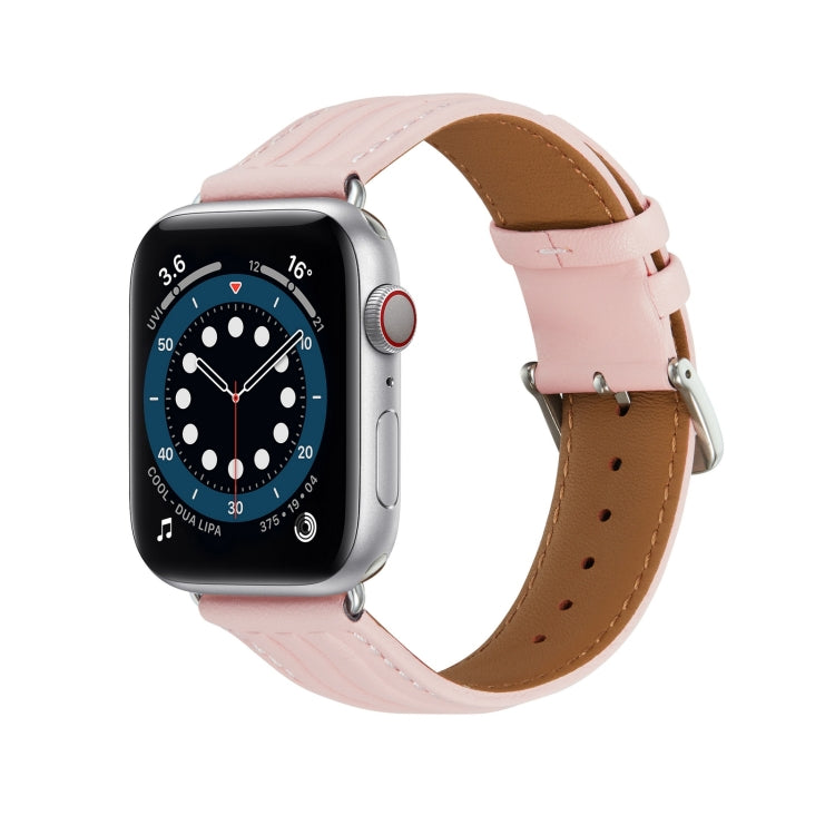 Embossed Line Genuine Leather Watch Band For Apple Watch 6 44mm(Pink) - Watch Bands by PMC TechLife | Online Shopping South Africa | PMC TechLife
