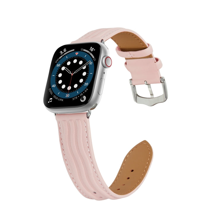 Embossed Line Genuine Leather Watch Band For Apple Watch 6 44mm(Pink) - Watch Bands by PMC TechLife | Online Shopping South Africa | PMC TechLife