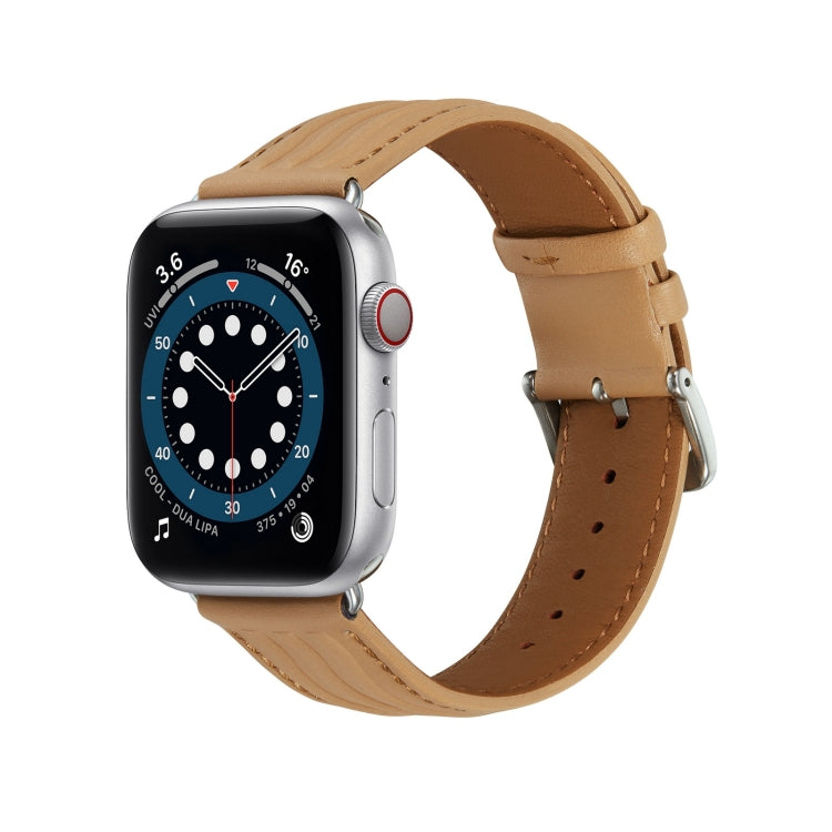 Embossed Line Genuine Leather Watch Band For Apple Watch 4 44mm(Khaki) - Watch Bands by PMC TechLife | Online Shopping South Africa | PMC TechLife