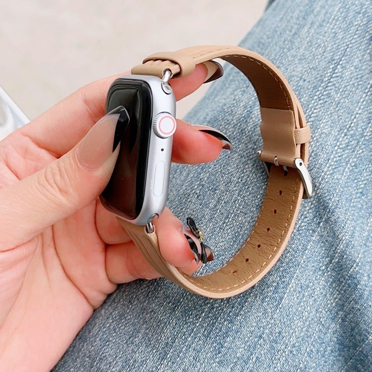 Embossed Line Genuine Leather Watch Band For Apple Watch 3 42mm(Khaki) - Watch Bands by PMC TechLife | Online Shopping South Africa | PMC TechLife