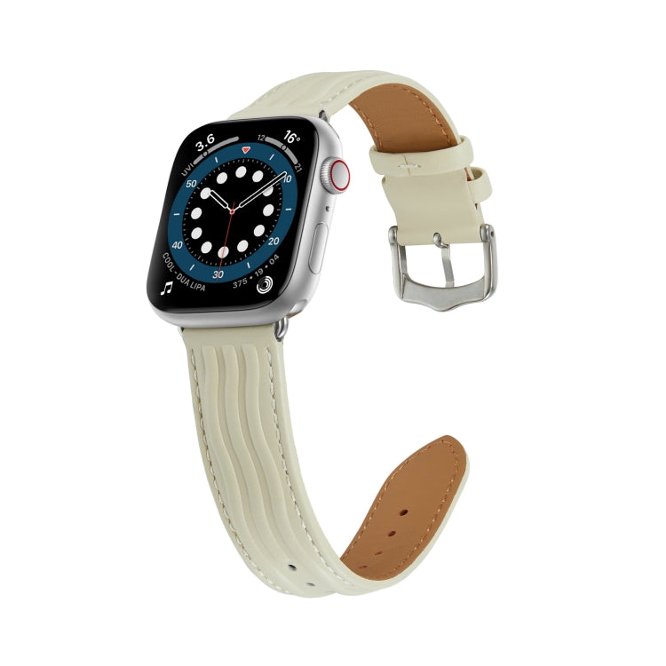 Embossed Line Genuine Leather Watch Band For Apple Watch 42mm(Milky White) - Watch Bands by PMC TechLife | Online Shopping South Africa | PMC TechLife