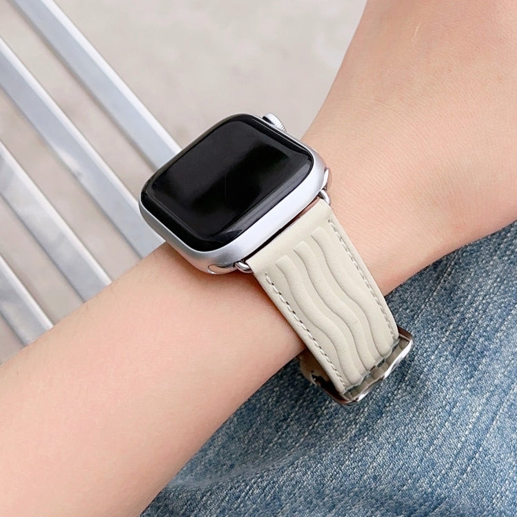 Embossed Line Genuine Leather Watch Band For Apple Watch 42mm(Milky White) - Watch Bands by PMC TechLife | Online Shopping South Africa | PMC TechLife