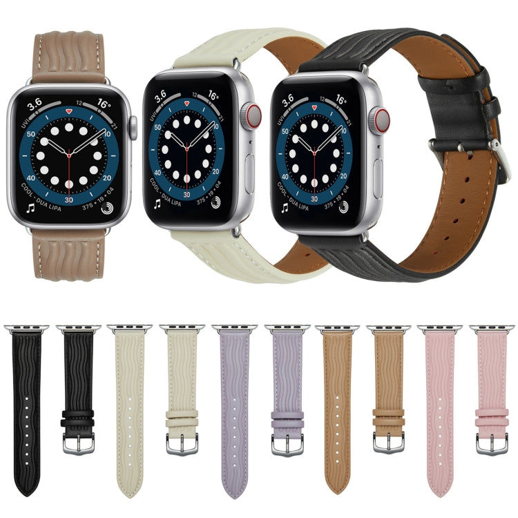Embossed Line Genuine Leather Watch Band For Apple Watch 8 45mm(Khaki) - Watch Bands by PMC TechLife | Online Shopping South Africa | PMC TechLife
