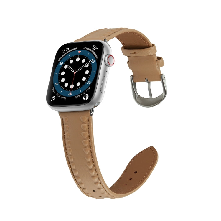 Embossed Love Genuine Leather Watch Band For Apple Watch 6 40mm(Khaki) - Watch Bands by PMC TechLife | Online Shopping South Africa | PMC TechLife