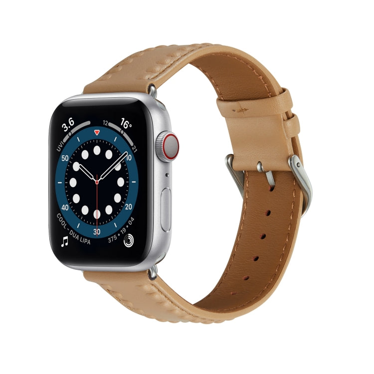 Embossed Love Genuine Leather Watch Band For Apple Watch 4 40mm(Khaki) - Watch Bands by PMC TechLife | Online Shopping South Africa | PMC TechLife
