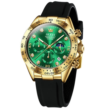 OLEVS 2875 Men Multifunctional Sports Chronograph Waterproof Quartz Watch(Green + Gold) - Silicone Strap Watches by OLEVS | Online Shopping South Africa | PMC Jewellery