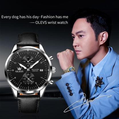 OLEVS 2880 Men Multifunctional Business Waterproof Leather Strap Quartz Watch(Black + Silver) - Leather Strap Watches by OLEVS | Online Shopping South Africa | PMC Jewellery | Buy Now Pay Later Mobicred