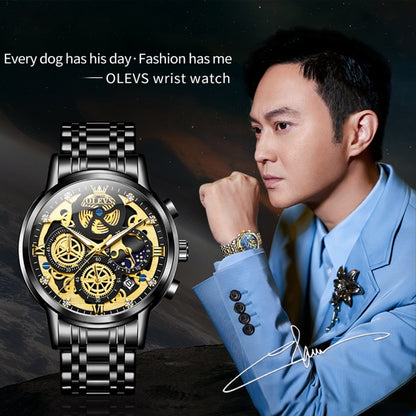 OLEVS 9947 Men Multifunctional Hollow Waterproof Quartz Watch(Black) - Metal Strap Watches by OLEVS | Online Shopping South Africa | PMC Jewellery