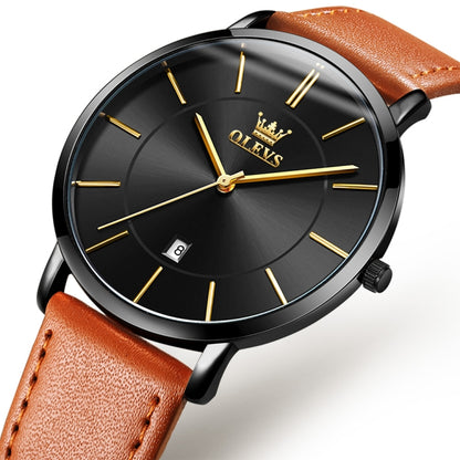 OLEVS 5869 Men Business Waterproof Genuine Leather Strap Quartz Watch(Black + Brown) - Leather Strap Watches by OLEVS | Online Shopping South Africa | PMC Jewellery