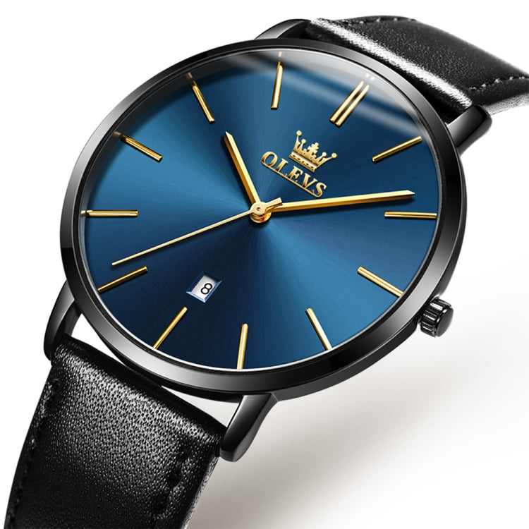 OLEVS 5869 Men Business Waterproof Genuine Leather Strap Quartz Watch(Black + Blue) - Leather Strap Watches by OLEVS | Online Shopping South Africa | PMC Jewellery