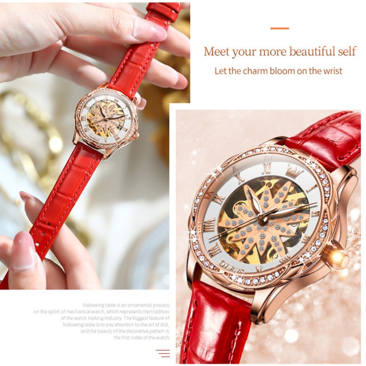 OLEVS 6681 Women Multifunctional Hollow Waterproof Mechanical Watch(White Surface Red Belt) - Leather Strap Watches by OLEVS | Online Shopping South Africa | PMC Jewellery | Buy Now Pay Later Mobicred