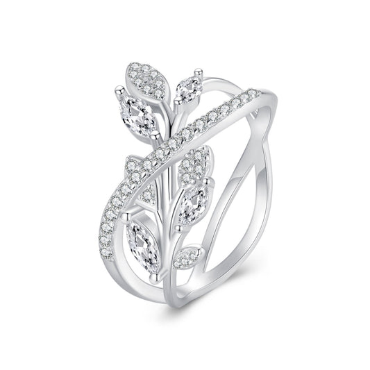 BSR453-7 S925 Sterling Silver White Gold Plated Zircon Luxury Leaf Ring - Rings by PMC Jewellery | Online Shopping South Africa | PMC Jewellery