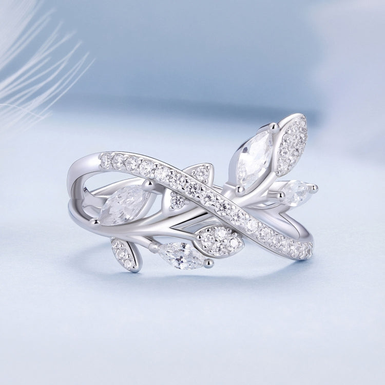 BSR453-8 S925 Sterling Silver White Gold Plated Zircon Luxury Leaf Ring - Rings by PMC Jewellery | Online Shopping South Africa | PMC Jewellery