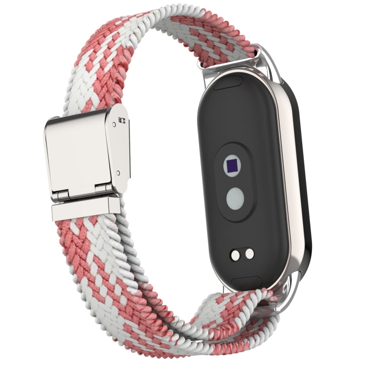 For Xiaomi Mi Band 8 Metal Head + Adjustable Nylon Braided Steel Buckle Watch Band(Pink White) - Watch Bands by PMC Jewellery | Online Shopping South Africa | PMC Jewellery