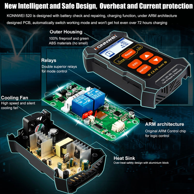 KONNWEI KW520 12V / 24V 3 in 1 Car Battery Tester with Detection & Repair & Charging Function(US Plug) - Code Readers & Scan Tools by KONNWEI | Online Shopping South Africa | PMC Jewellery