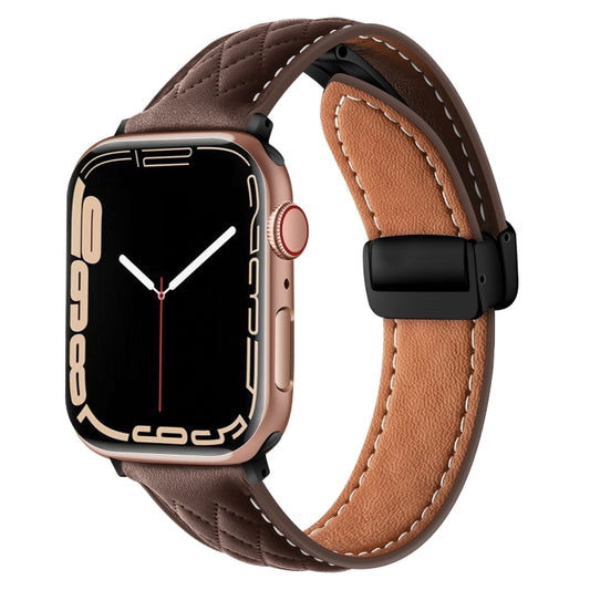 For Apple Watch 8 41mm Folding Buckle Rhombus Leather Watch Band(Coffee) - Watch Bands by PMC Jewellery | Online Shopping South Africa | PMC Jewellery