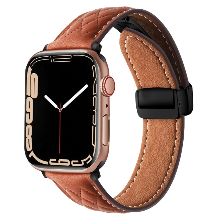 For Apple Watch 8 41mm Folding Buckle Rhombus Leather Watch Band(Brown) - Watch Bands by PMC TechLife | Online Shopping South Africa | PMC TechLife