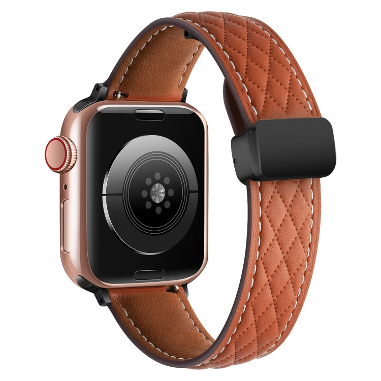 For Apple Watch 8 41mm Folding Buckle Rhombus Leather Watch Band(Brown) - Watch Bands by PMC TechLife | Online Shopping South Africa | PMC TechLife