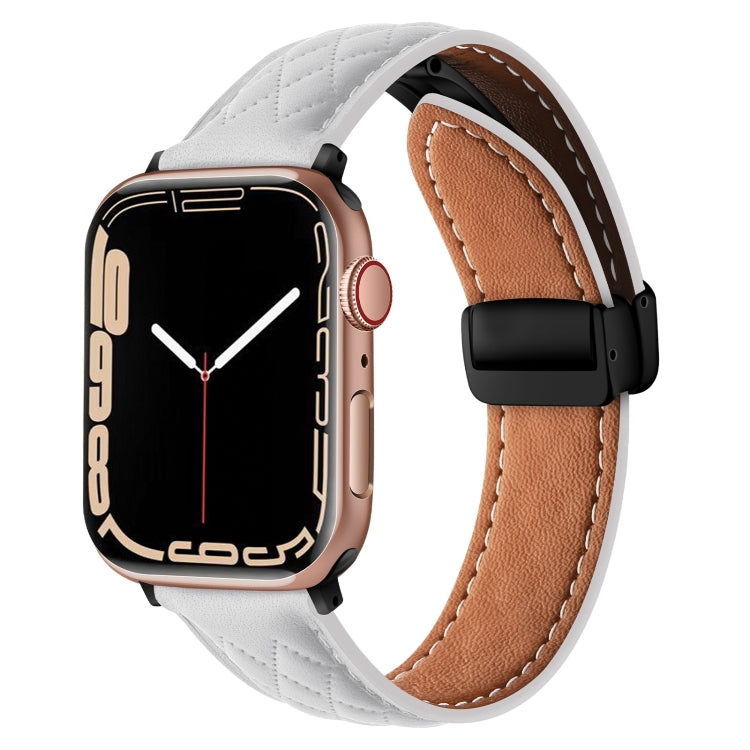For Apple Watch SE 44mm Folding Buckle Rhombus Leather Watch Band(White) - Watch Bands by PMC TechLife | Online Shopping South Africa | PMC TechLife