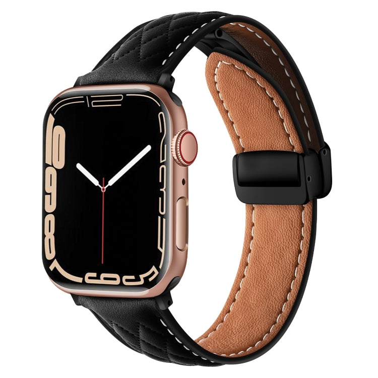 For Apple Watch 4 40mm Folding Buckle Rhombus Leather Watch Band(Black) - Watch Bands by PMC TechLife | Online Shopping South Africa | PMC TechLife